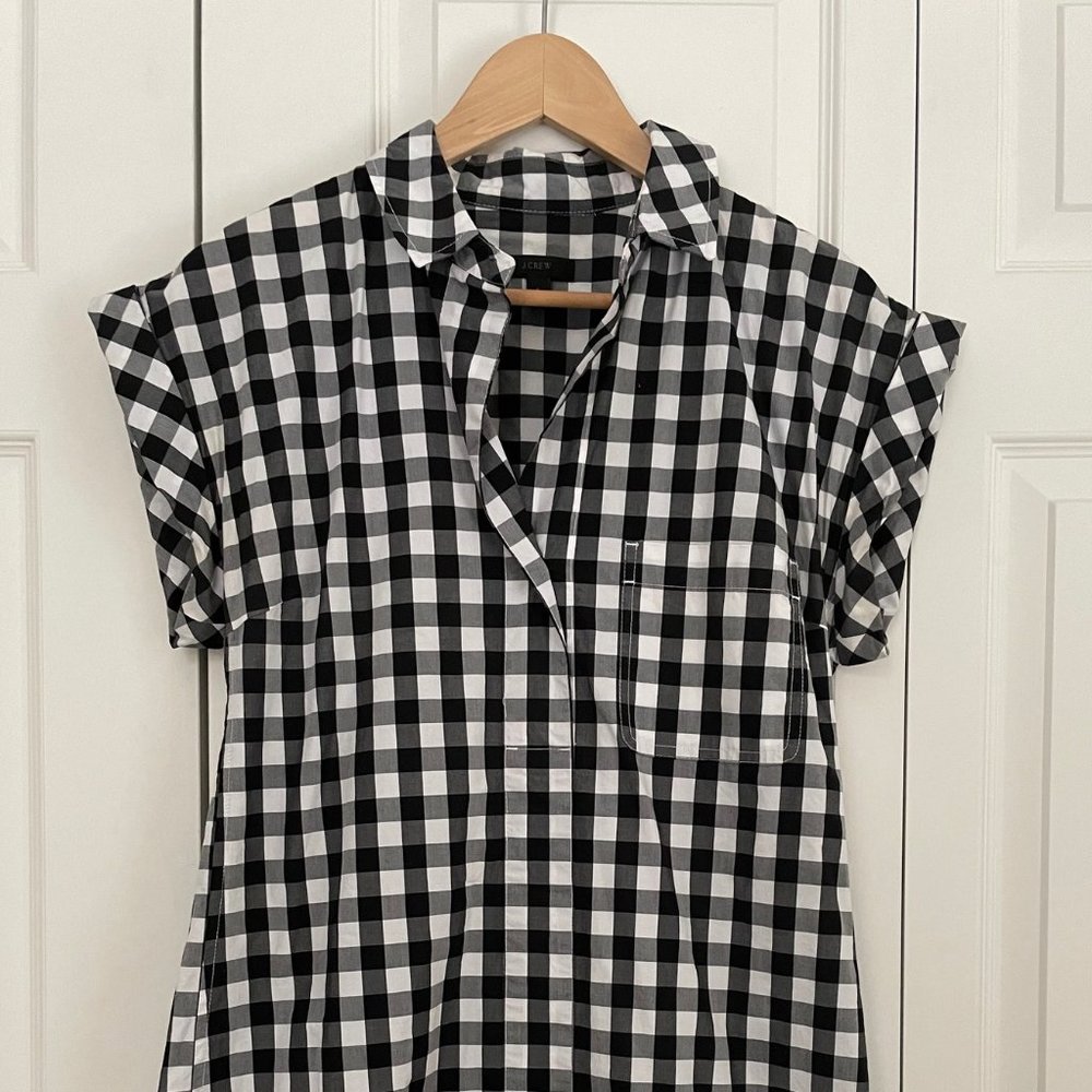 J. Crew Classic Short-Sleeve Shirtdress in Black and White Buffalo Plaid